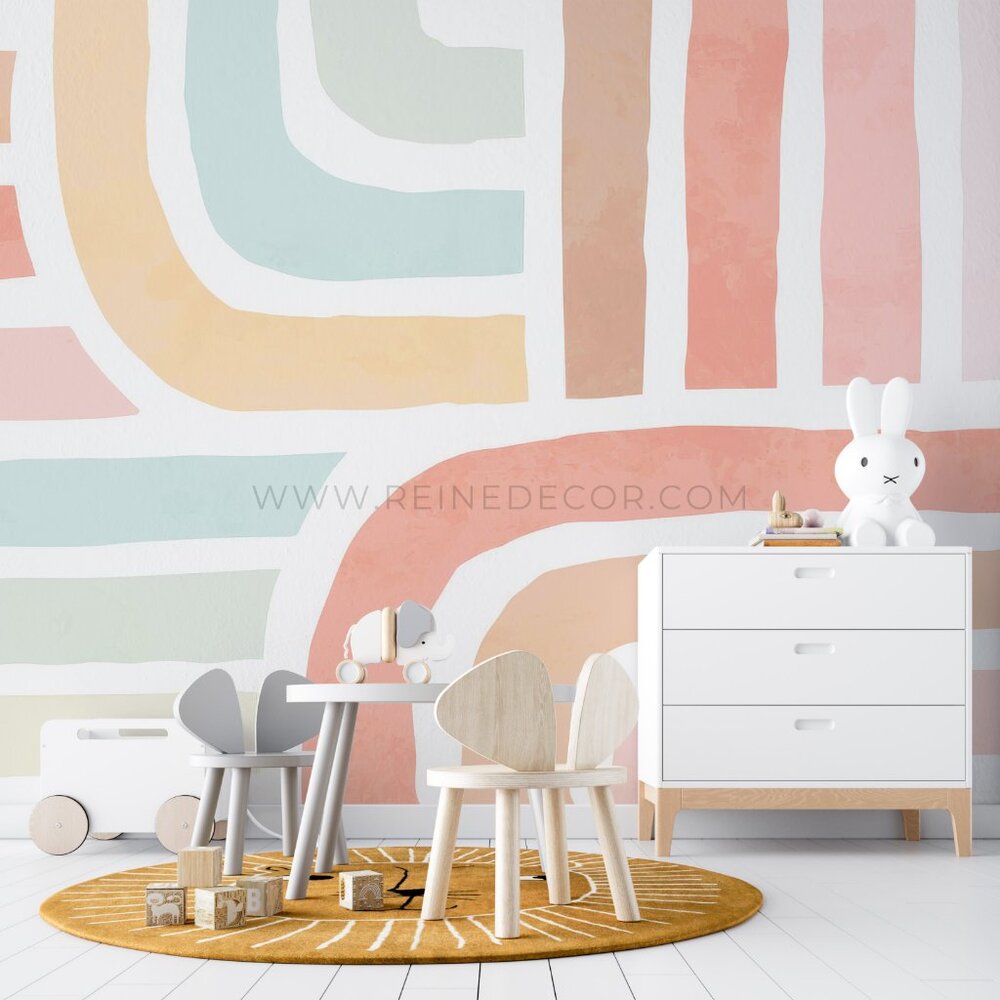 Pink, Orange, and Blue Watercolor Geometric Lines Pattern Wallpaper